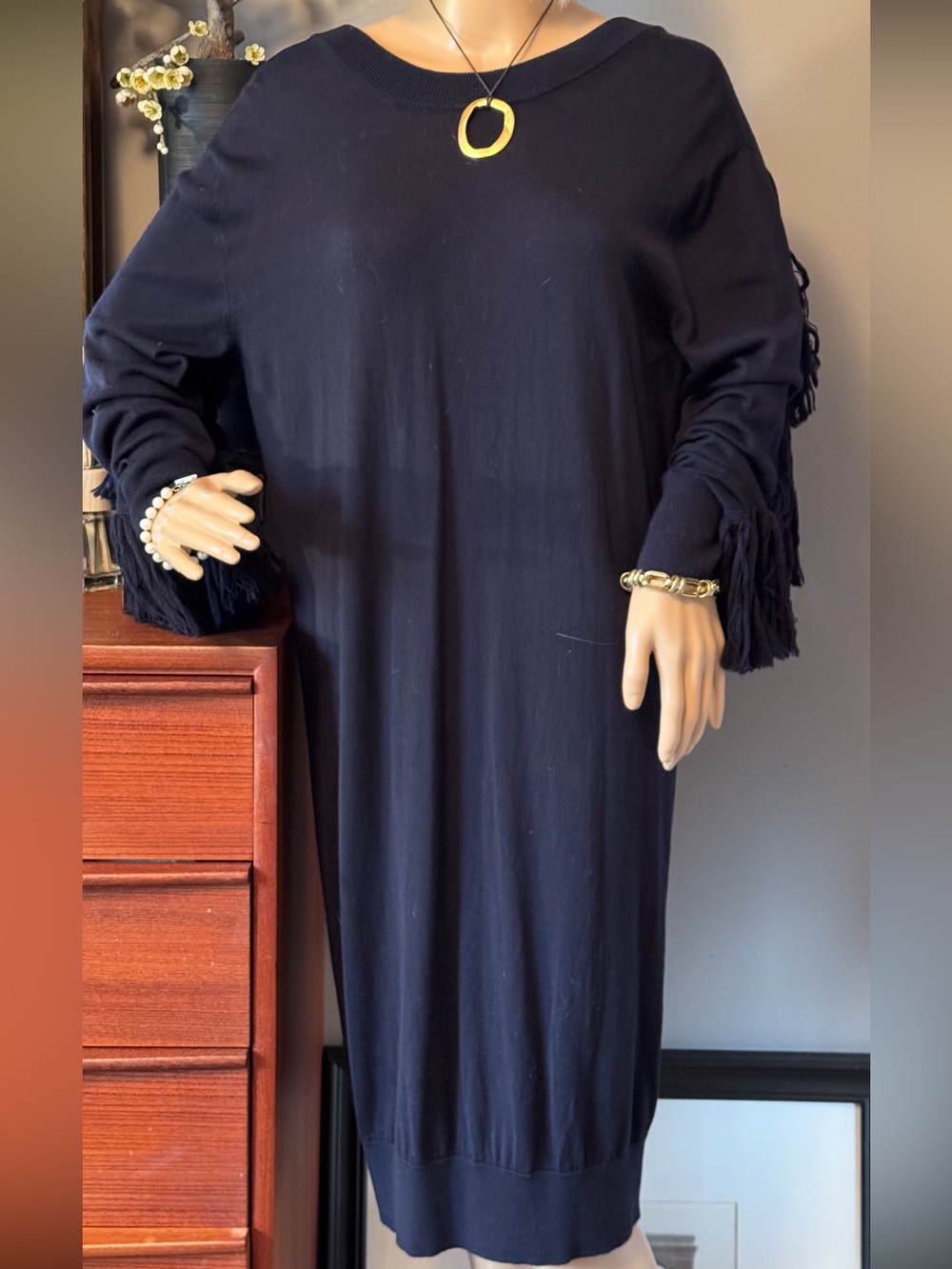 NUDE Navy Fringe-Sleeve Crewneck Wool Sweater Dress